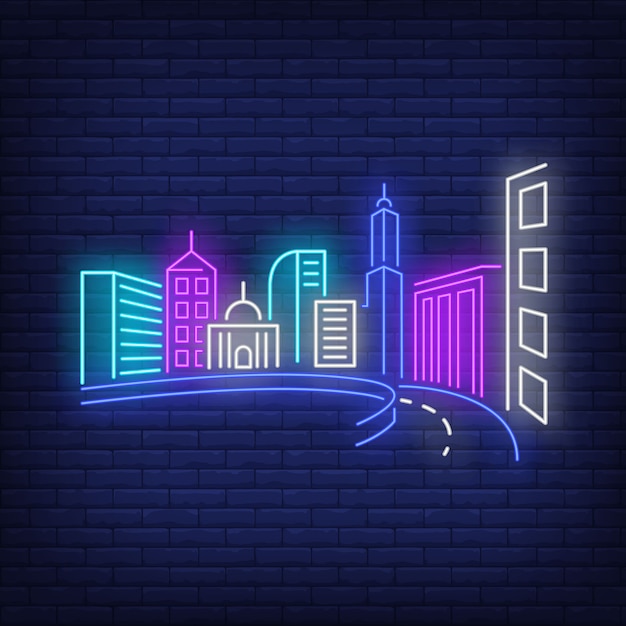 Free Vector city buildings and road neon sign. 