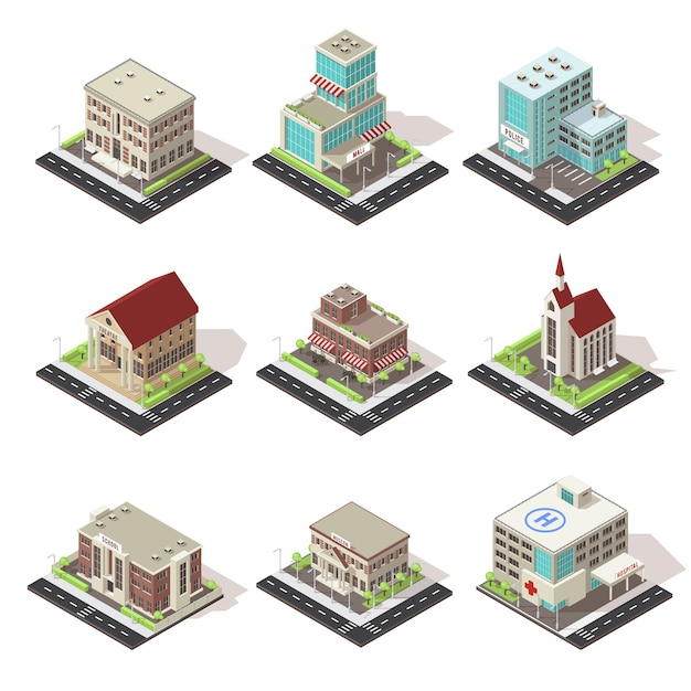 City Buildings And Roads Isometric icons Set