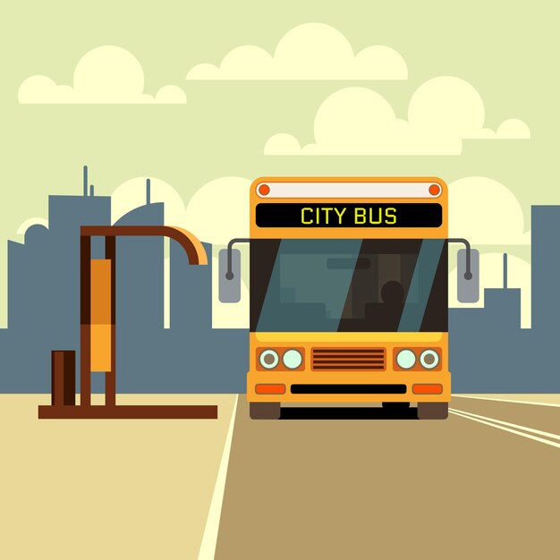 City bus at bus stop and urban skyline in flat style.