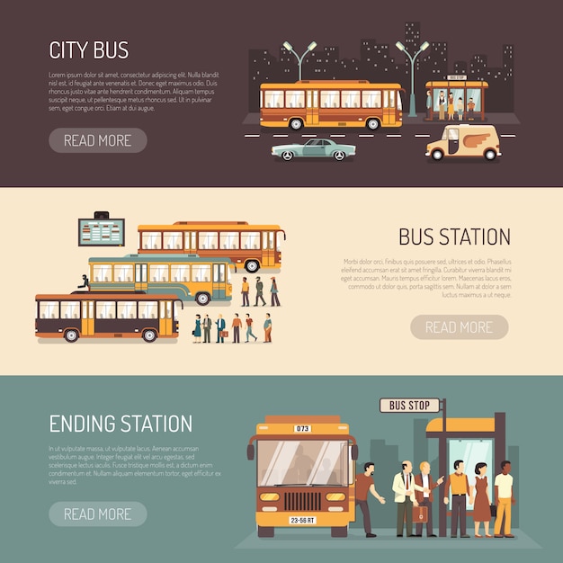 Free vector city bus flat horizontal banners set