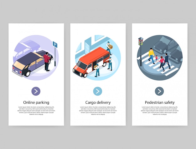 Free Vector city concept 3 vertical isometric banners  with online parking cargo delivery safe pedestrian zebra crossing