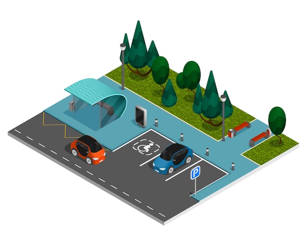 Free Vector city constructor elements isometric concept city street with a park area with parking for cars and an area for recreation illustration