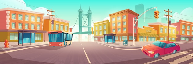 Free Vector city crossroad with bus and car on intersection