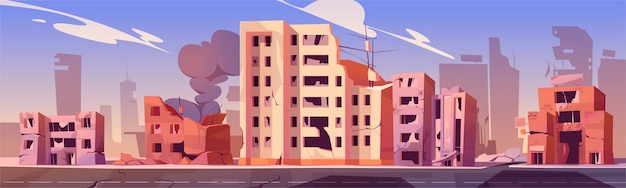 Free Vector city destroy in war zone, abandoned buildings with smoke. destruction, natural disaster or cataclysm consequences, post-apocalyptic world ruins with broken road and street cartoon illustration