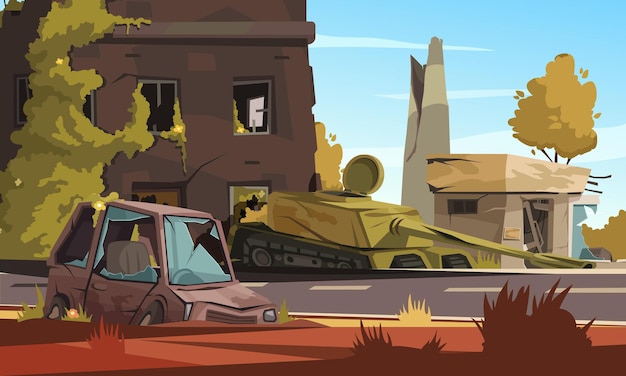 Free vector city destroy in war zone with damaged building burned car and military tank on street cartoon