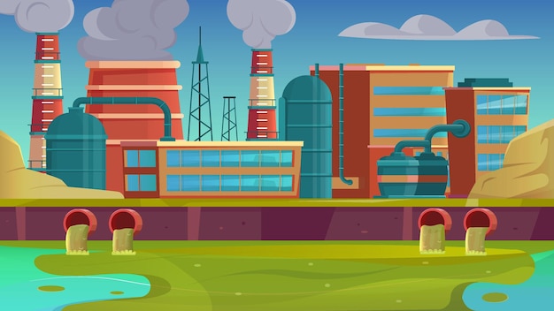 Free Vector city drains flat background with factory urban landscape and river pollution illustration