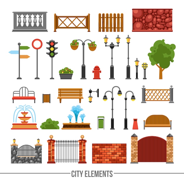 City Elements Flat Icons Set 