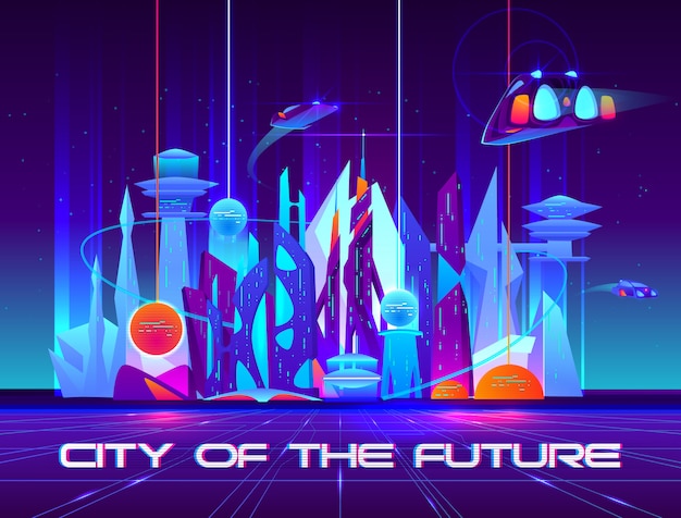 Free Vector city of future at night with vibrant neon lights and shining spheres.