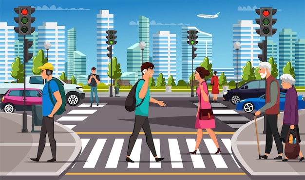 City life crosswalk with traffic lights car pedestrian crossing road over urban background Young man and woman teenager elderly couple businessman with phone moving by road