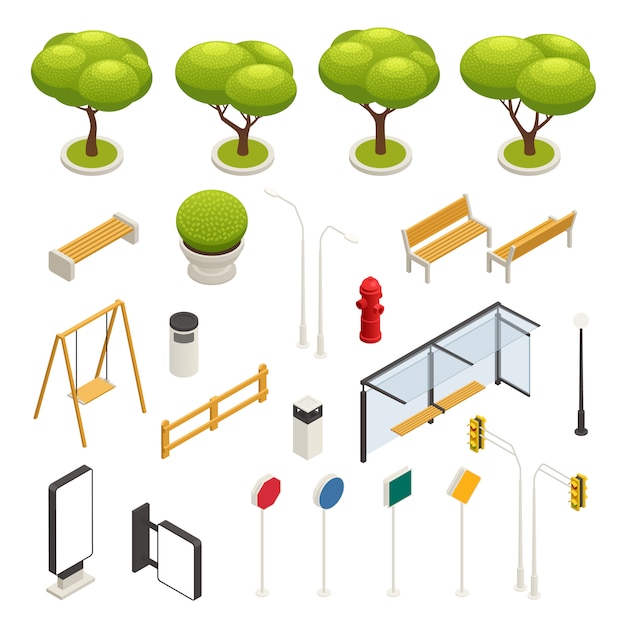 Free Vector city map elements constructor isometric icon set swings road signs trees benches bus stop vector illustration