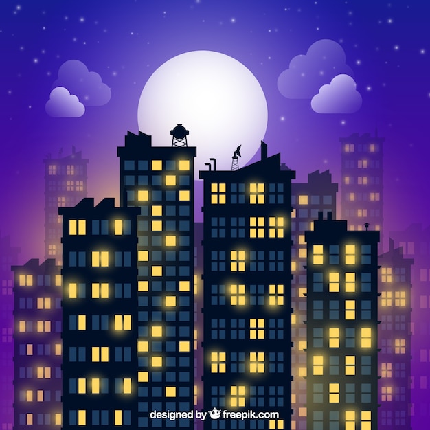 Free Vector city night with illuminated buildings