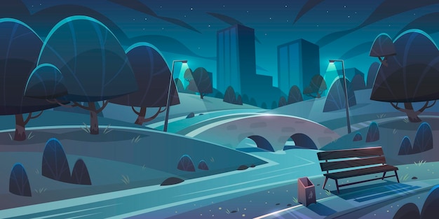 Free vector city park at night with bridge bench street lights and buildings in background cartoon vector illustration