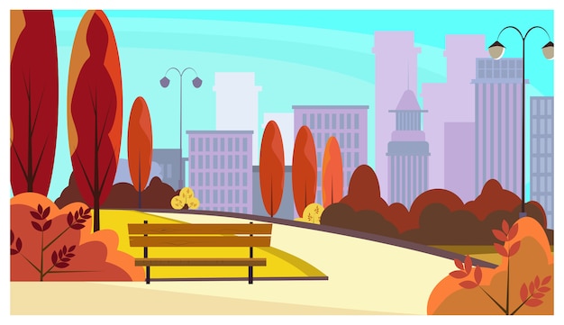 Free Vector city park walkway with autumn trees, bushes, benches, lanterns