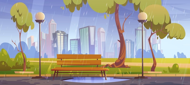 City park with bench at rainy weather