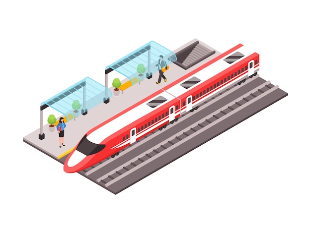 City public transport isometric illustration with high speed train and people on platform 3d