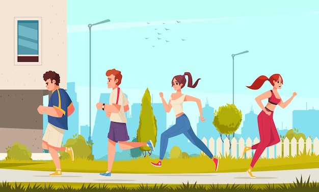 Free Vector city runner cartoon concept with young people running outdoors vector illustration