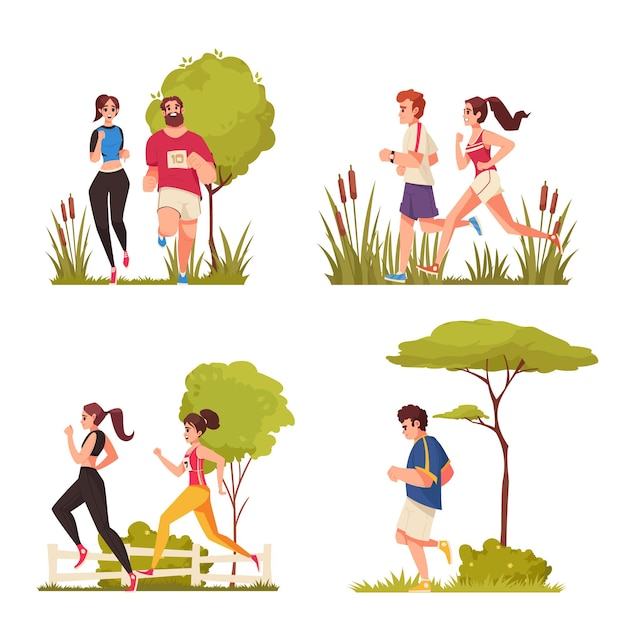 City runners cartoon icons set with young people running outdoors isolated vector illustration