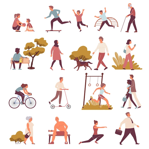 Free Vector city set of flat icons and isolated images with people of different age walking in park vector illustration