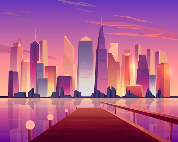 Free Vector city skyline panoramic view from waterfront wooden pier lit by lamps and futuristic skyscrapers