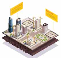 Free vector city skyscrapers isometric composition with images of sliced ground layers with modern tall buildings under construction vector illustration