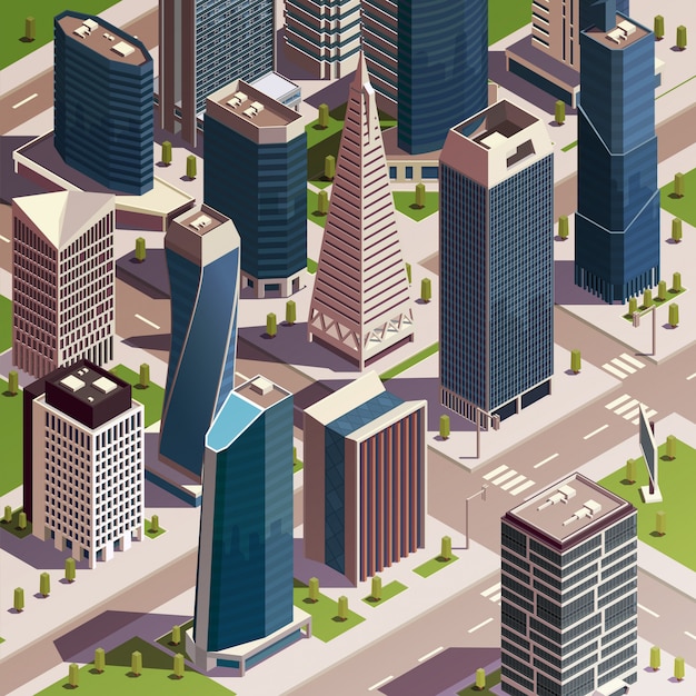 Free Vector city skyscrapers isometric composition with realistic view of modern city block with tall buildings and towers vector illustration