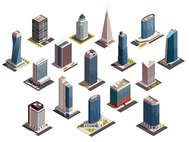 City skyscrapers isometric set of isolated images with outdoor looks of modern buildings on blank background  illustration