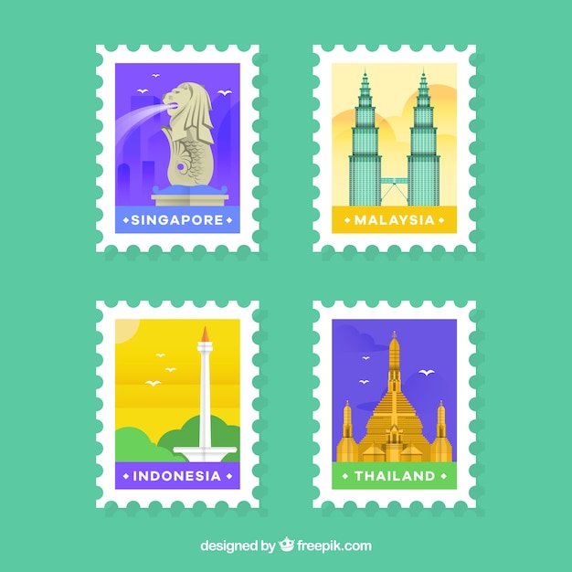 City stamps collection in flat style