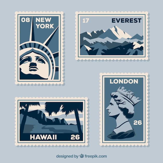 Free vector city stamps collection in flat style