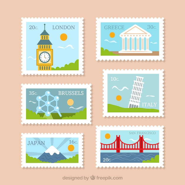 City stamps collection in flat style