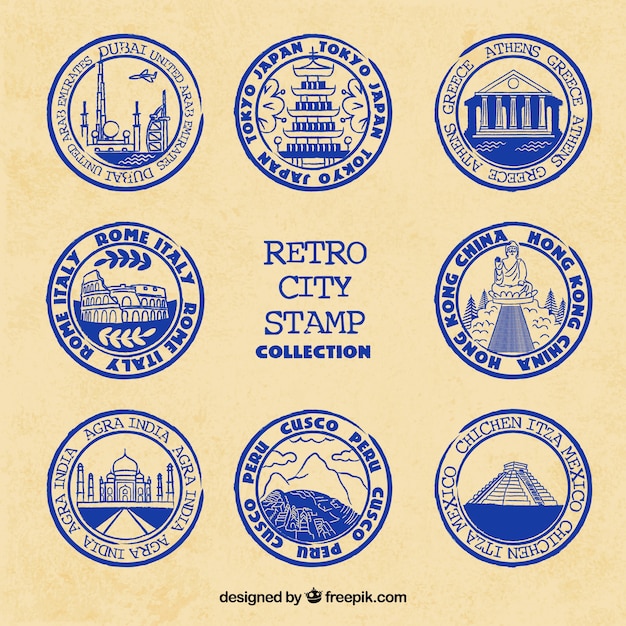 City stamps collection in retro style