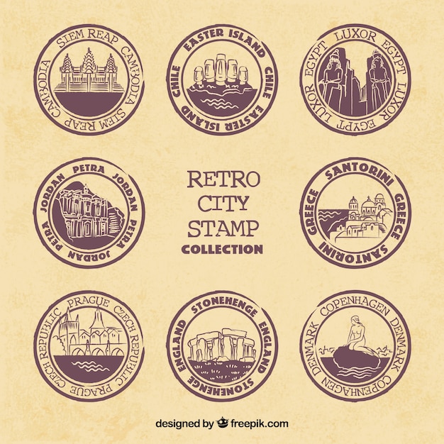 Free vector city stamps collection in retro style