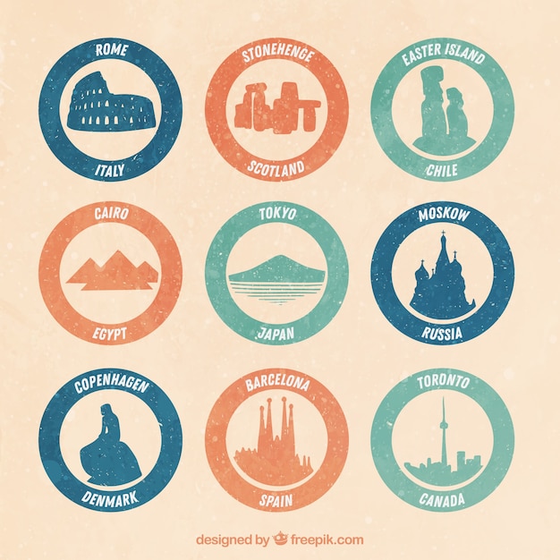 Free vector city stamps collection in retro style