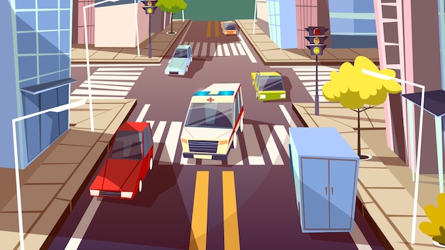 Free Vector city street and ambulance car illustration. cartoon urban traffic road 