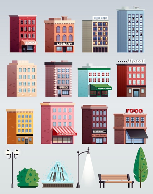 Free vector city street elements buildings set