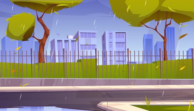 City street at rainy weather, urban skyline with skyscrapers, green wet trees, road and pathway with puddles along fence under rain shower. Cityscape, downtown district Cartoon vector illustration