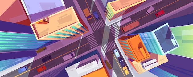 Free Vector city street top view with buildings, crossroad and cars