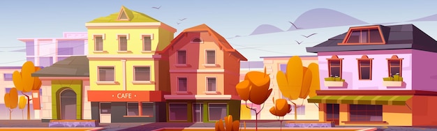 Free Vector city street with cafe, shop buildings and orange trees. vector cartoon illustration of autumn landscape of european town with empty sidewalk, restaurant facade, houses and flying birds