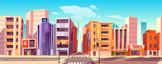 Free Vector city street with houses, shops and road