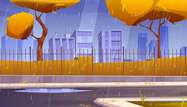 Free vector city street with park and buildings behind fence in rain. vector cartoon illustration of autumn landscape with road, sidewalk, orange bushes and trees and houses on horizon at rainy weather