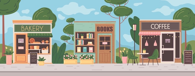 Free Vector city street with small business facades bakery book and coffee shops flat vector illustration