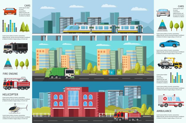 Free Vector city transport infographic horizontal banners with municipal public vehicles cityscape and diagrams