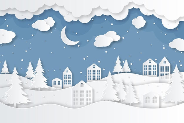 City in winter in paper style background