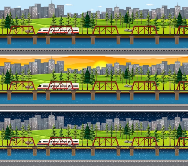 Free vector city with nature landscape at different times of day