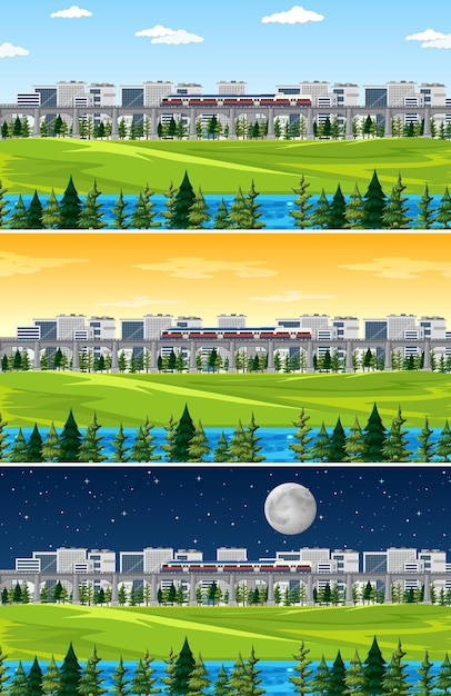 Free vector city with nature landscape at different times of day