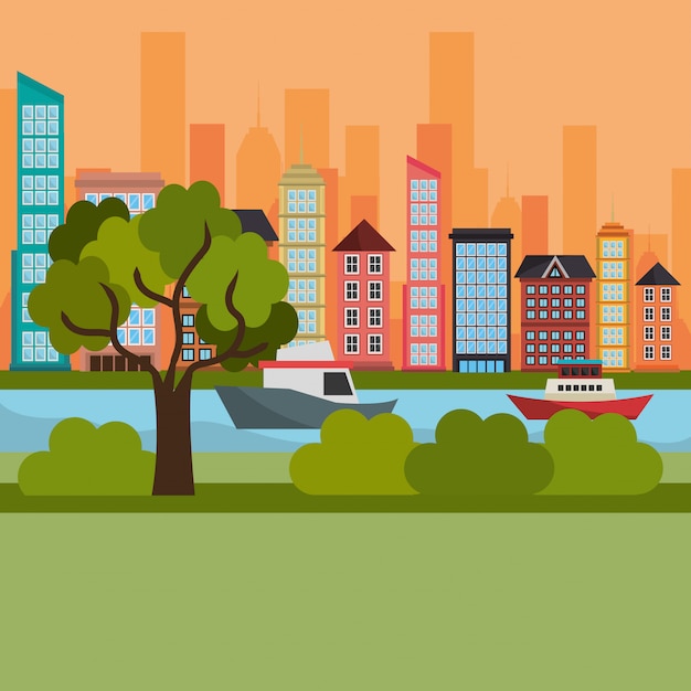 Free Vector cityscape and river scene