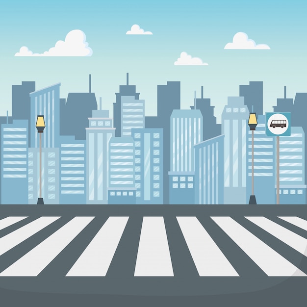 Cityscape scene with crosswalk road