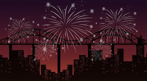 Free vector cityscape with celebration fireworks scene