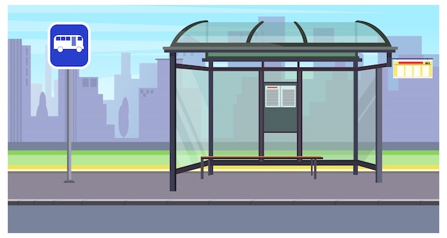 Cityscape with empty bus stop and sign illustration