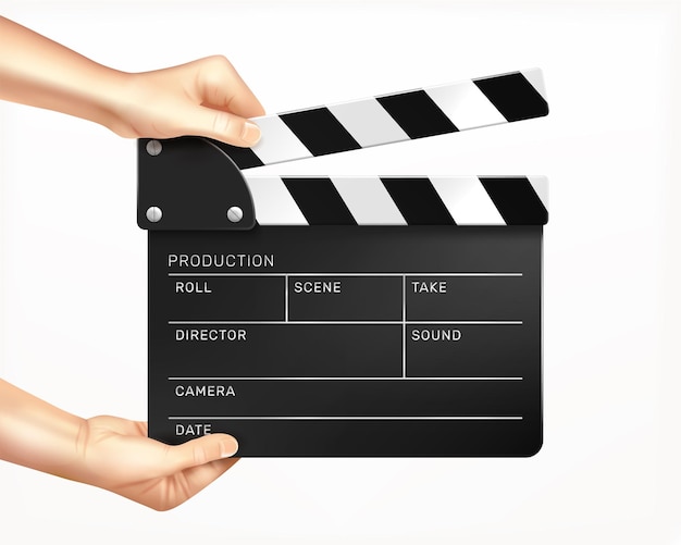 Free Vector clapper board in hands realistic composition with human hands holding clapper with empty text fields