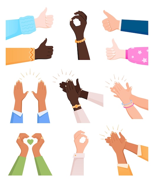 Free Vector clapping ok heart hands applause flat icon set of isolated human hand images on blank background vector illustration